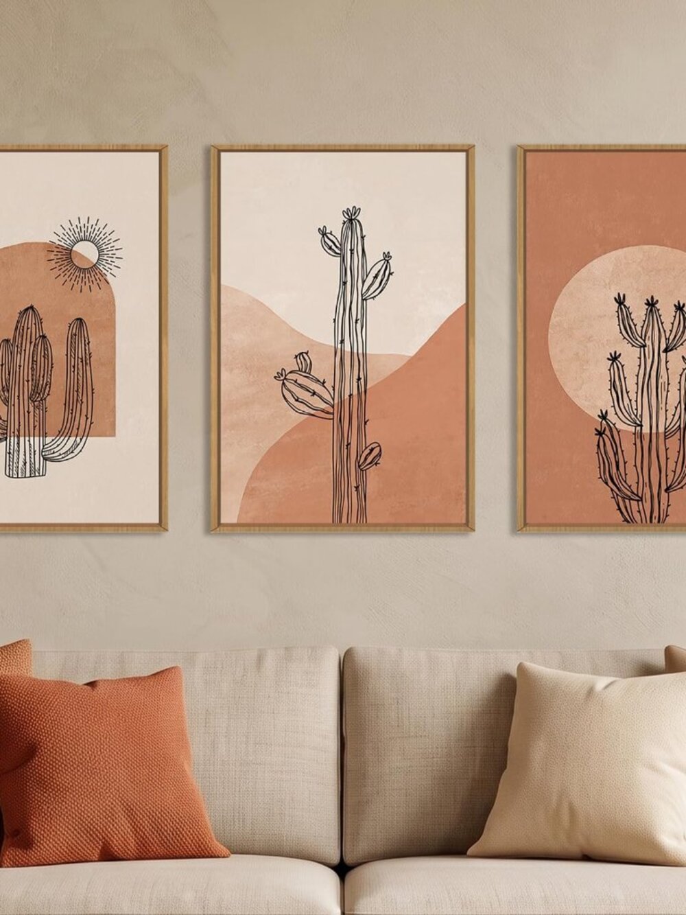 Large Boho Minimalist Cactus Framed Canvas Wall Art Set -16"x24"x3